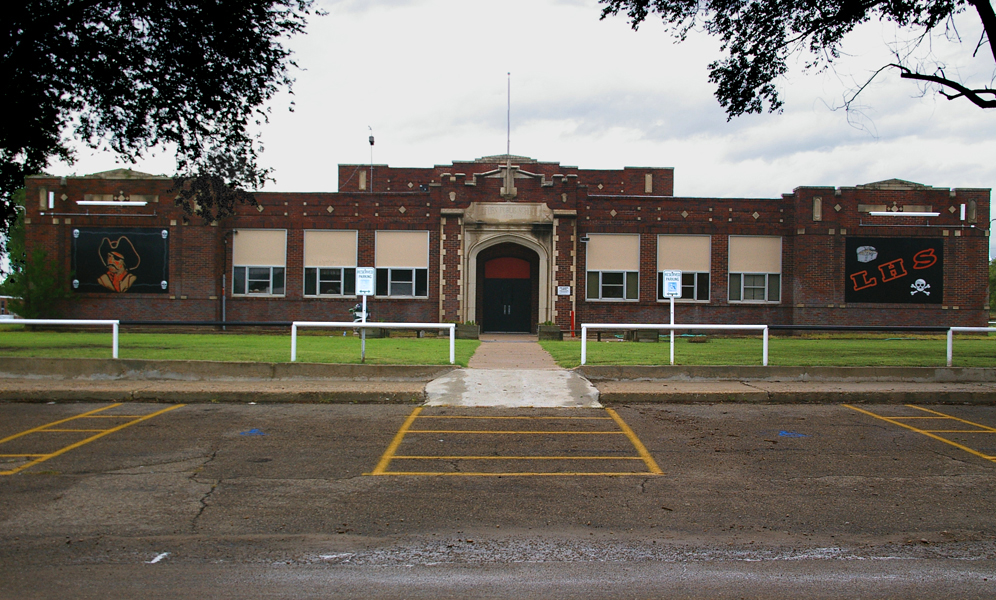 Lefors, TX: A SKULL AND CROSSBONES is prominent on the historic and well-maintained Lefors High School, home of the Pirates.