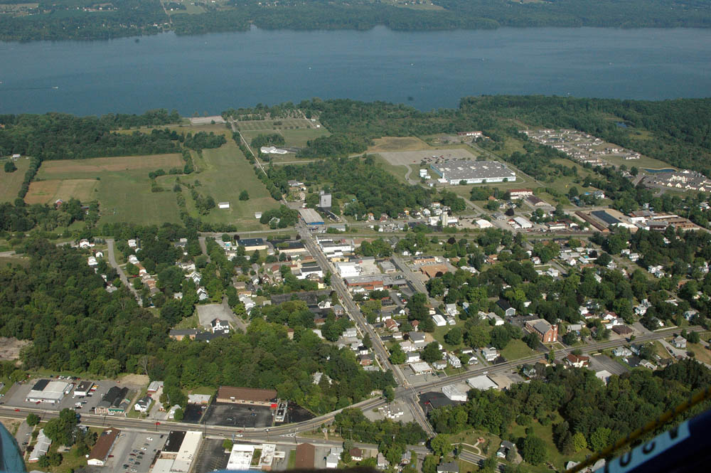 Cortland, OH: Aerial of old downtown with Mosquito Lake in background