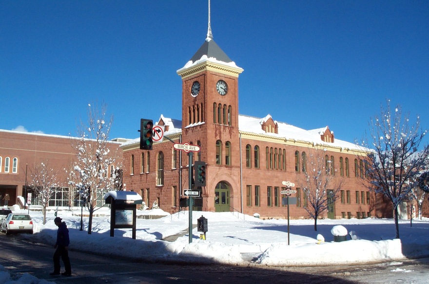 Flagstaff, AZ: Historic Coconino County Courthouse in Downtown Flagstaff in the Winter