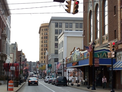 Uniontown, PA: East Main Street looking west. The State Theater, National City Building, Fayette Holdings, & Mount Vernon Towers are noted in this photo.