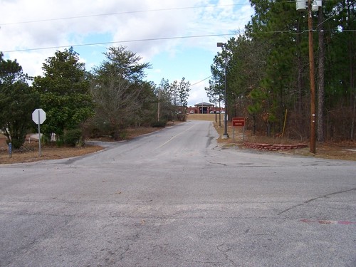 Pelion, SC: A view up Lydia Drive from Mulberry Street to the main office of Pelion High School. Most of the land in the right side of the shot is in unincorporated Lexington County, South Carolina. Shot taken January 7th, 2009.