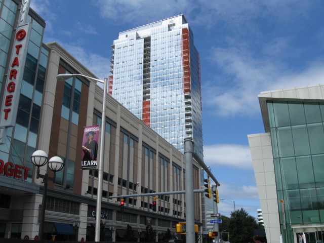 Stamford, CT: Looking east on Broad St - view of the new Trump Parc (July 09)
