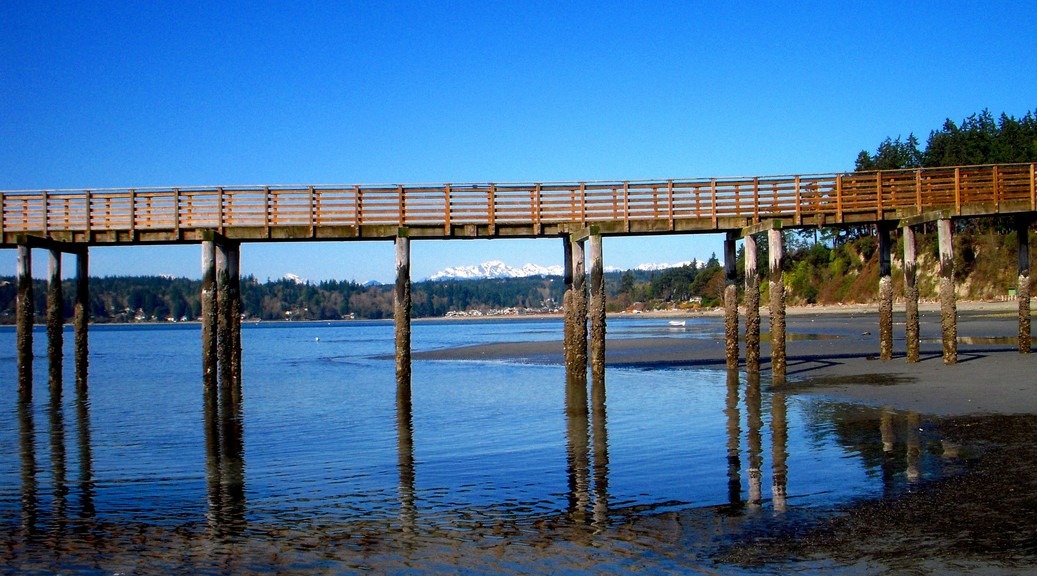 Indianola, WA Olympic range through Indianola Dock photo, picture, image (Washington) at city
