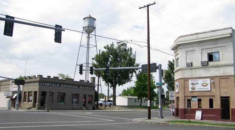 Stanfield, OR: Stanfield City Center & water tower, May 2009