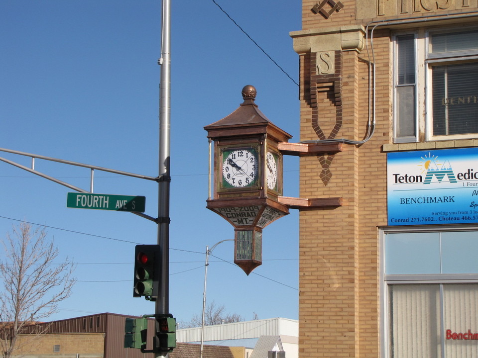 Conrad, MT: The town clock.