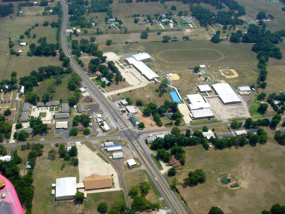 Yantis, TX: Aerial view of down town Yantis, TX., looking south.