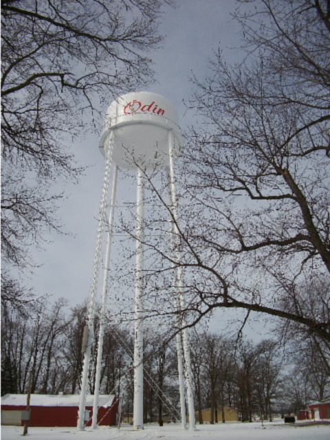 Odin, IL: The Water Tank with Odin written on it.