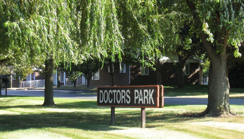 Tipton, IN: Tree-lined entrance to Doctors Park, on the scenic south side of Tipton-which, interestingly enough, is right next to the Golf Course, to keep the doctors happy.