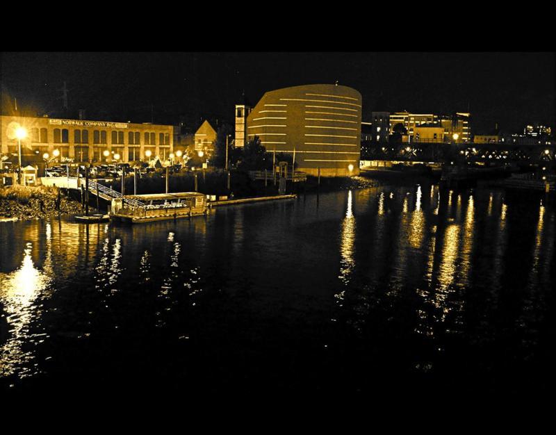 Norwalk, CT South Norwalk, view from Bridge at night. photo, picture