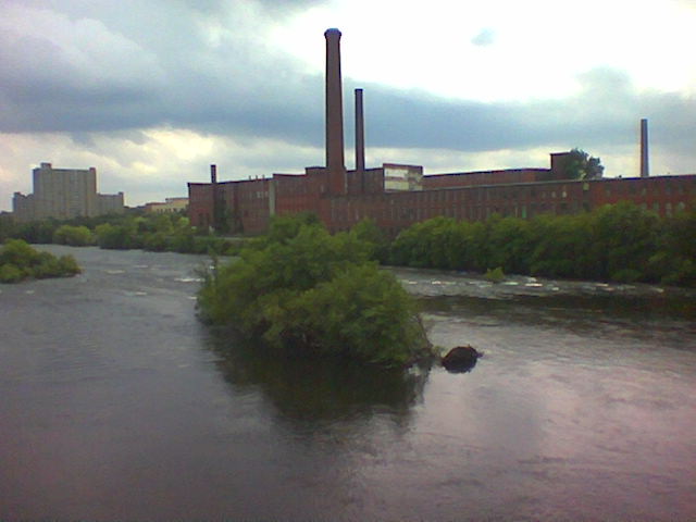 Lowell, MA: merrimack river off the aiken st. bridge torwds bridge st. bridge with old mill in the pic.