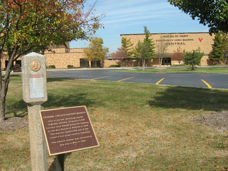 New Lenox, IL: Lincoln Hwy Marker In Front of Lincoln-Way Central High School