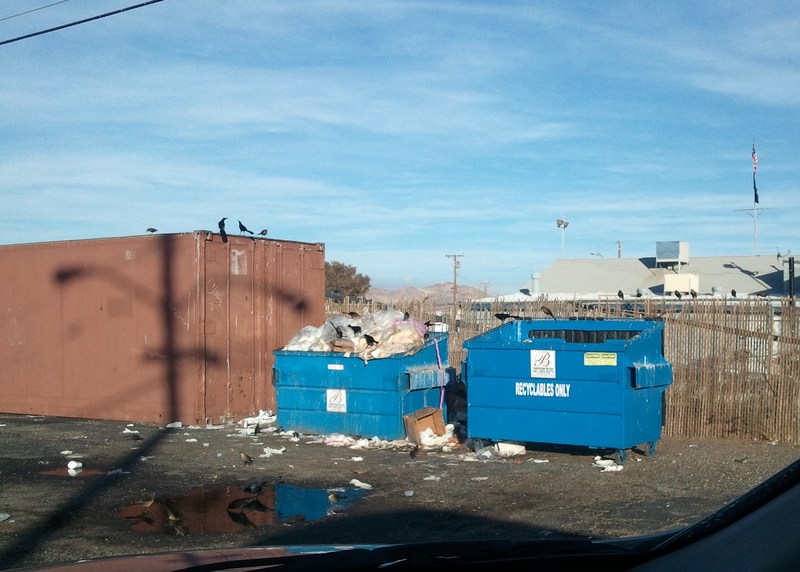 Ridgecrest, CA John's Pizza parking lot (no city ordinance requiring Dumpster enclosures