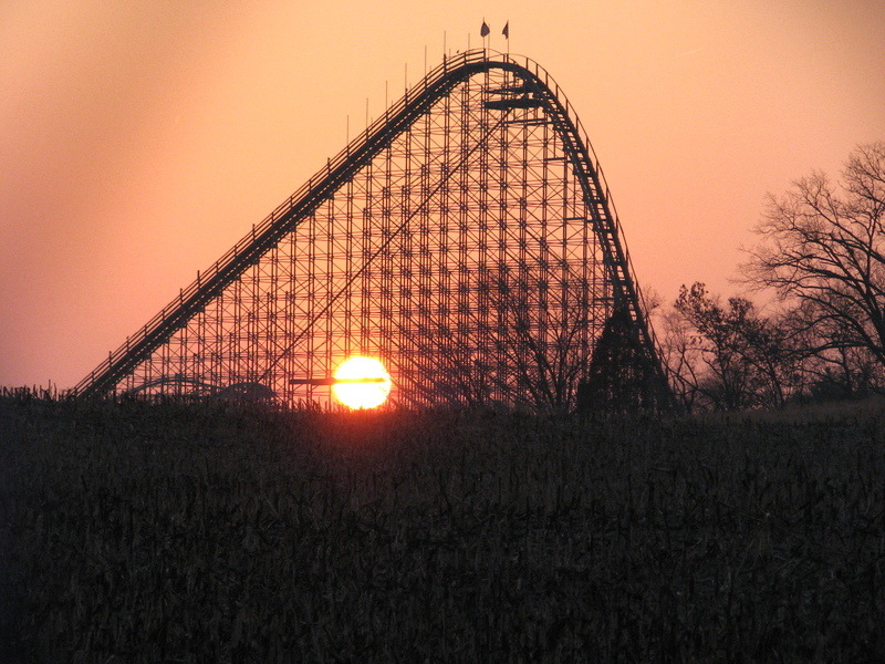 Santa Claus, IN: The sun setting on the Voyage at Holiday World & Splashin' Safari. The Voyage is the #1 Wooden Roller Coaster on the Planet!