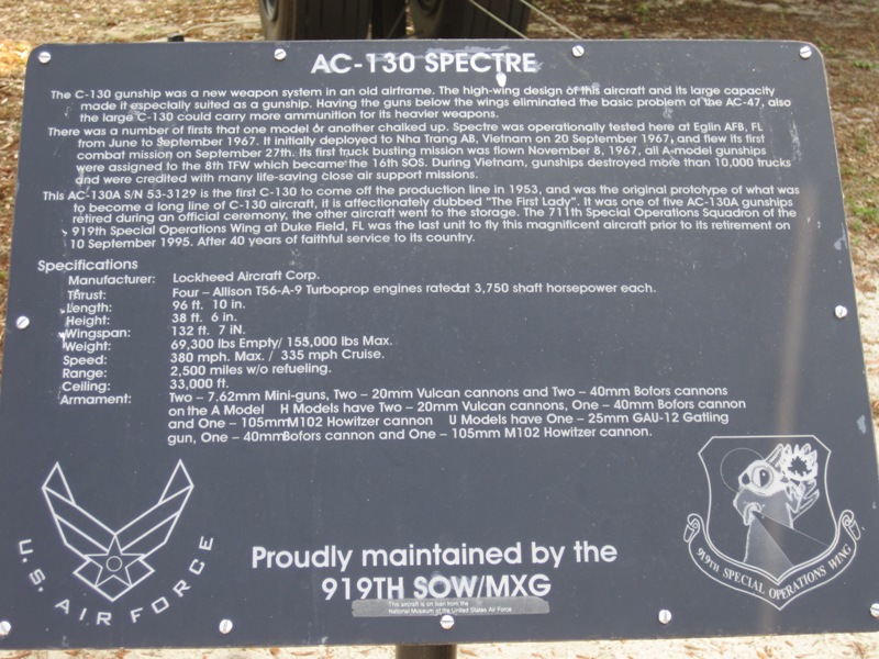 Eglin AFB, FL: Specifications Plaque - AC-130A Spectre Gunship - "First Lady" - US Air Force Armament Museum