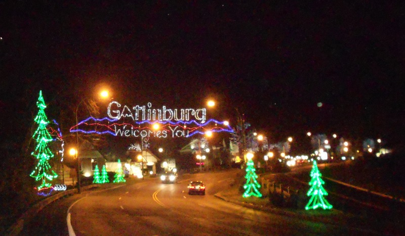 Gatlinburg, TN: Entrance to Gatlinburg at Christmas, about 10 miles from The Gatlinburg Lodge at SmokyMountainViews.com