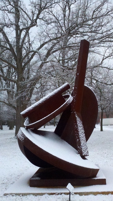 Buffalo, NY: sculpture at Albright Knox Art Museum on snowy morn