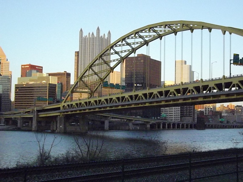 Pittsburgh, PA: photo taken by Dan Catuara on 4/7/12 with a FijiFilm FinePix S3280 w/24X zoom. Taken around 730PM EDT...between Station Square and The West End Bridge...this photo is under the Ft. Pitt Bridge.