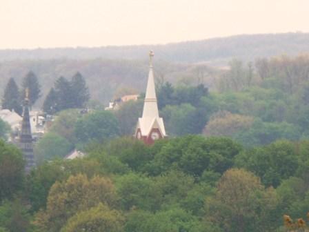Ashland, PA: St. Mauritius Church steeple at 8th & Pine St. Zoom shot taken from mountainside at 1st St.