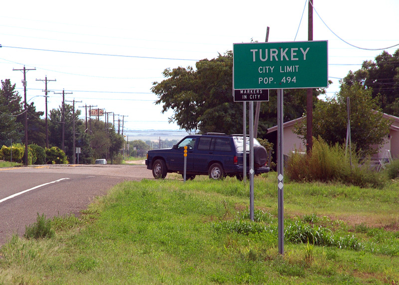 Turkey, TX: CITY LIMITS. Settled in the early 1890S, the town was first called Turkey Roost for the wild turkey roosts found on nearby Turkey Creek. The name was changed in 1893.