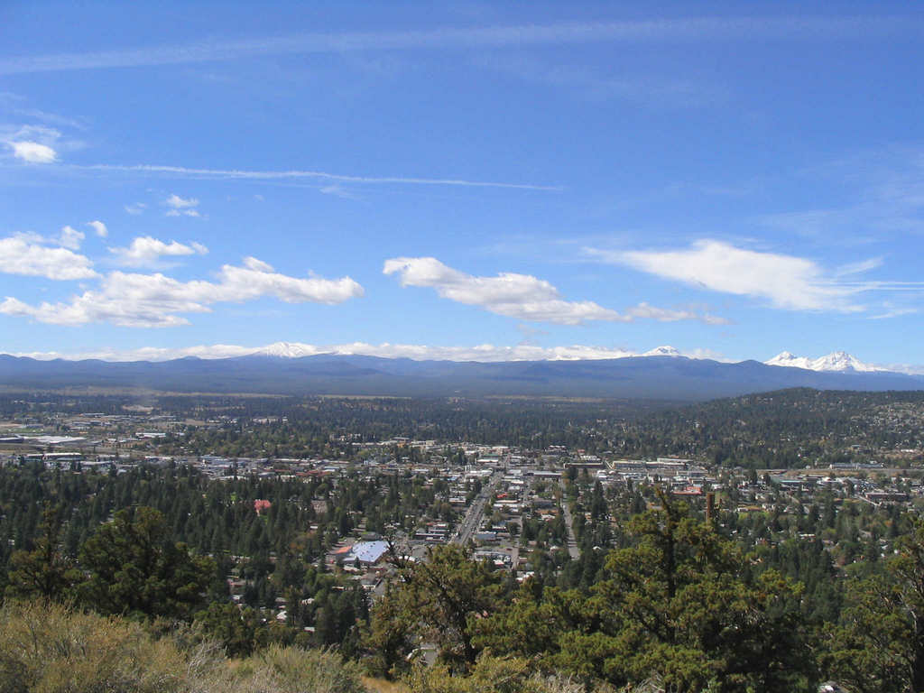 Bend, OR: View of Bend from Pilot Butte. The Cascades in the background