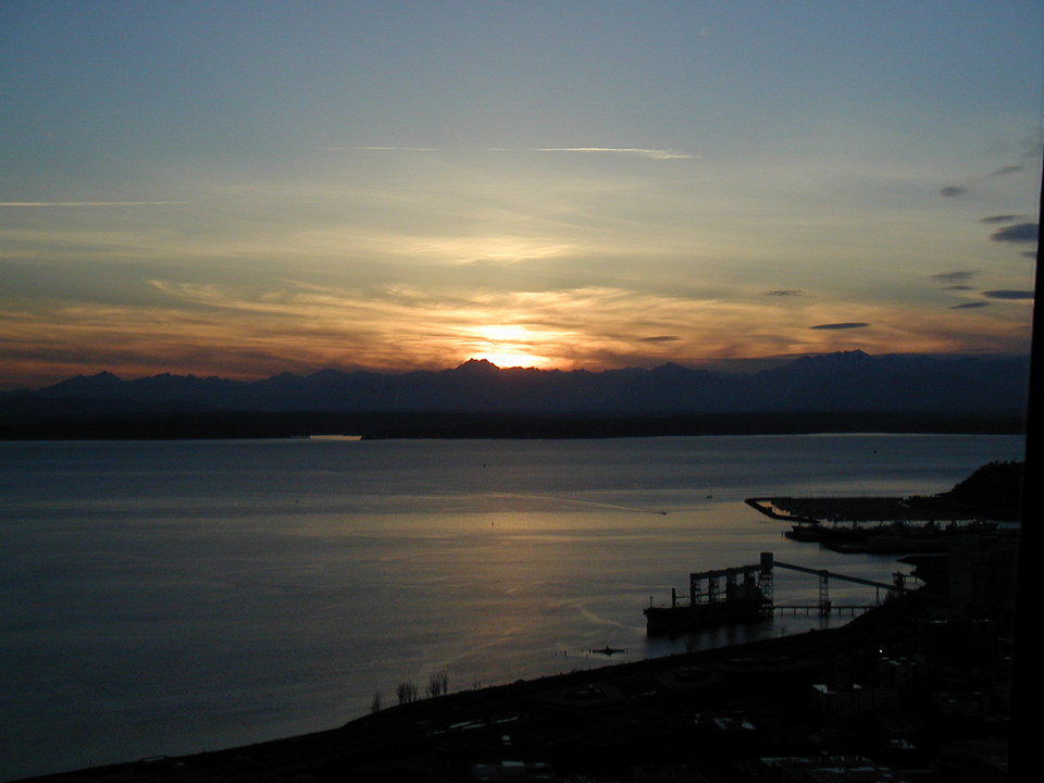 Seattle, WA: Puget Sound & Olympics at Sunrise from Space Needle