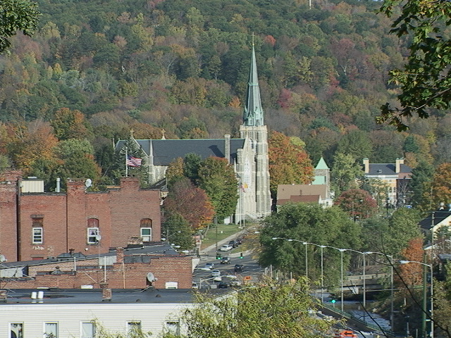 Winsted, CT: Lookiong over Main Street at St. Joseph's Church