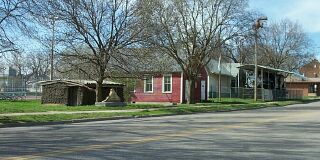 Marysville, KS: sod house, rural school museum, and locomotive in city park