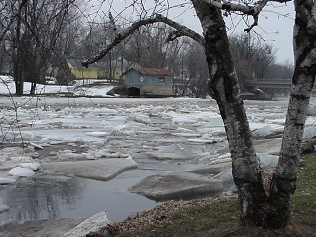 Cadott, WI: Ice out on the Yellow River, Main Street Cadott, WI