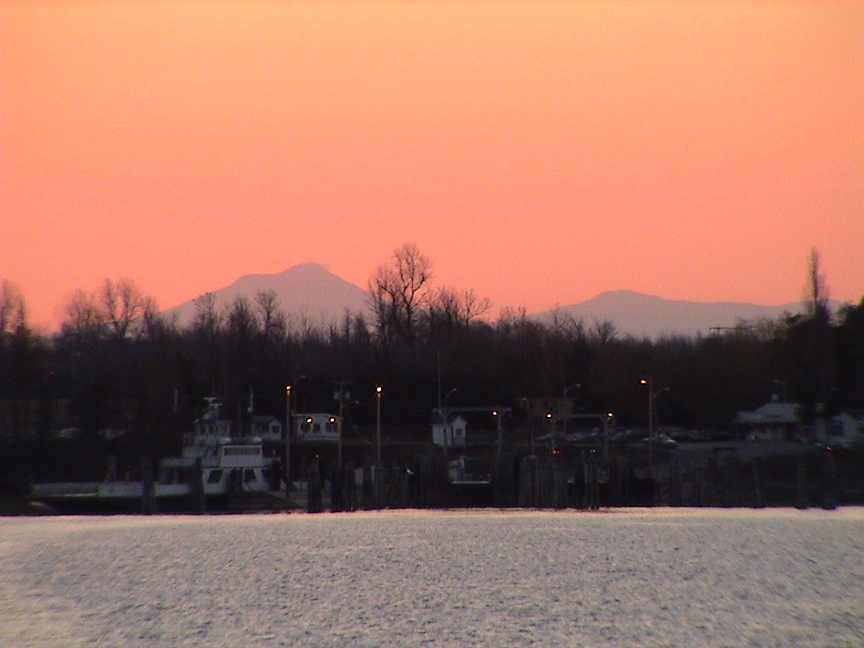 Milton, VT: Looking East at dawn from the ferry to NY.