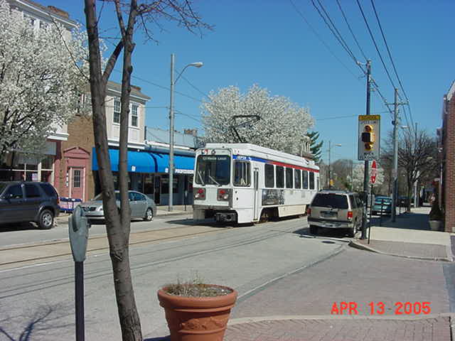 Media, PA: The Famous Route 101 trolley through downtown Media, PA in the Spring.