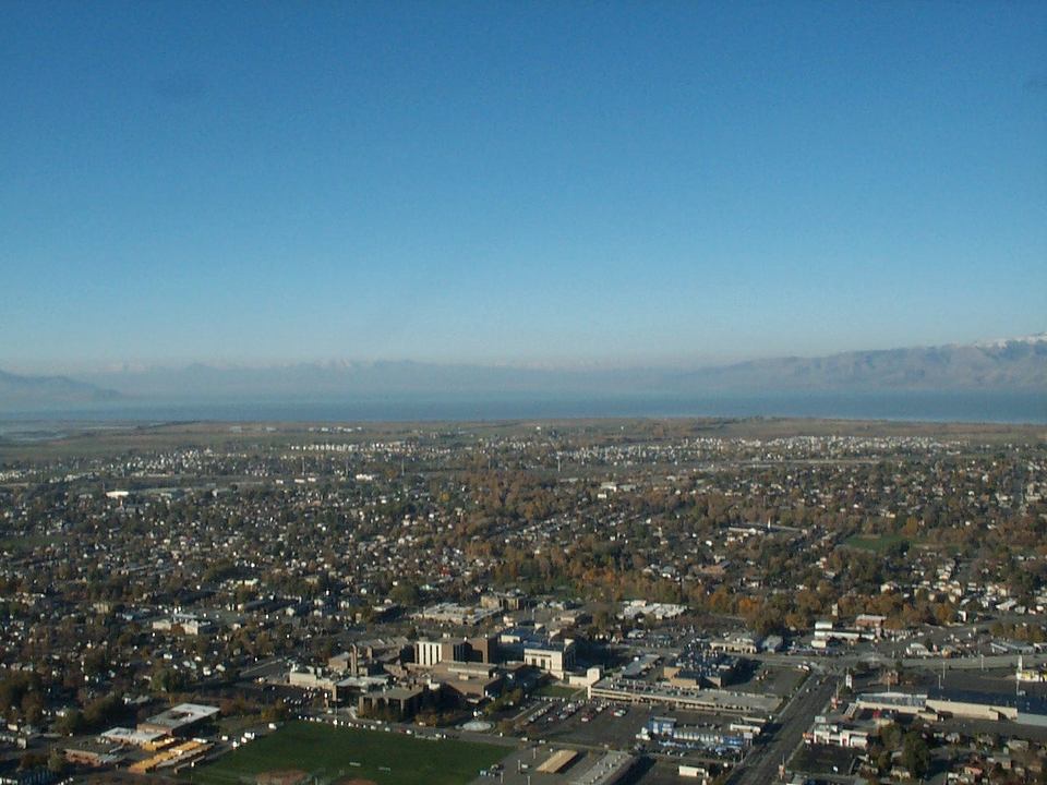 Provo, UT: Looking west towards Utah Lake. Utah Valley Regional Medical Center and Provo High soccer field forground.