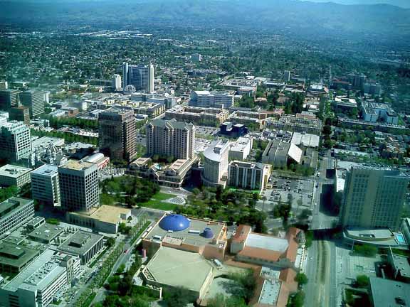 San Jose, CA: Recent (4/20/05) photo of downtown San Jose. Tech Museum (Blue Dome), Adobe World Headquarter, Ceasar Chavez Plaza, Fairmont Hotel, Knight Ridder Bldg. & the new city hall rising in the background. Lower right is San Carlos St. leading East to SJ University