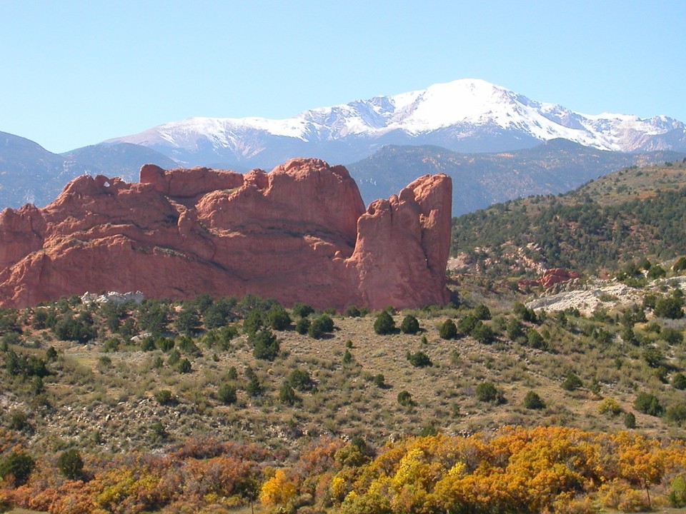 Colorado Springs, CO: Pikes Peak and Garden of the Gods from Overlook on Mesa Road