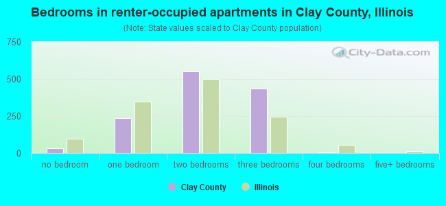 Bedrooms in renter-occupied apartments in Clay County, Illinois