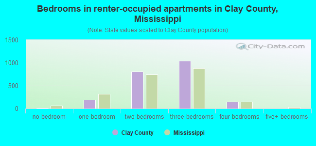 Bedrooms in renter-occupied apartments in Clay County, Mississippi