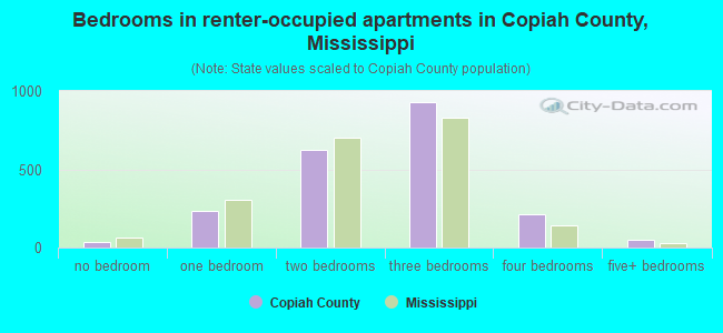 Bedrooms in renter-occupied apartments in Copiah County, Mississippi