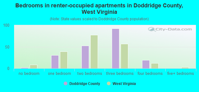 Bedrooms in renter-occupied apartments in Doddridge County, West Virginia