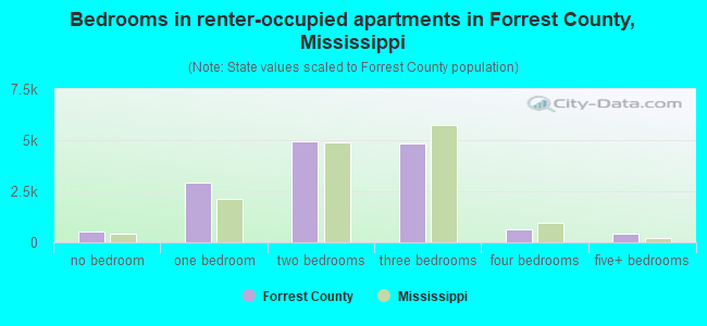 Bedrooms in renter-occupied apartments in Forrest County, Mississippi