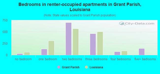 Bedrooms in renter-occupied apartments in Grant Parish, Louisiana