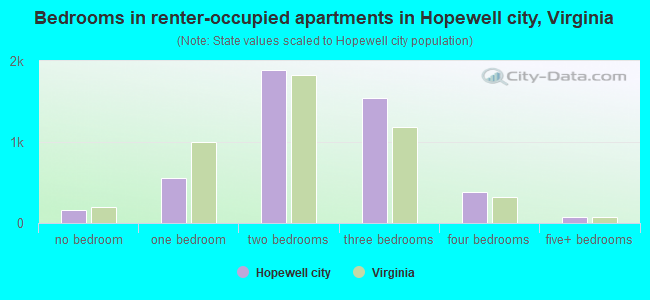 Bedrooms in renter-occupied apartments in Hopewell city, Virginia