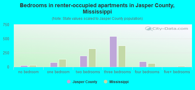 Bedrooms in renter-occupied apartments in Jasper County, Mississippi