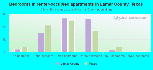 Bedrooms in renter-occupied apartments in Lamar County, Texas