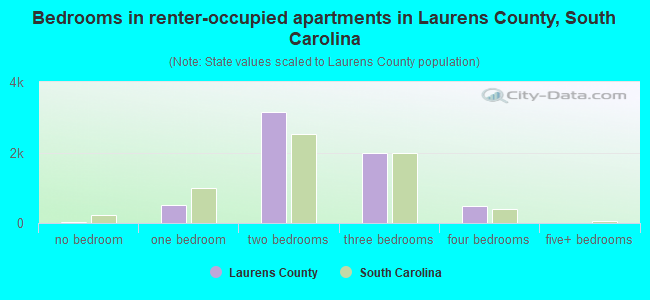 Bedrooms in renter-occupied apartments in Laurens County, South Carolina