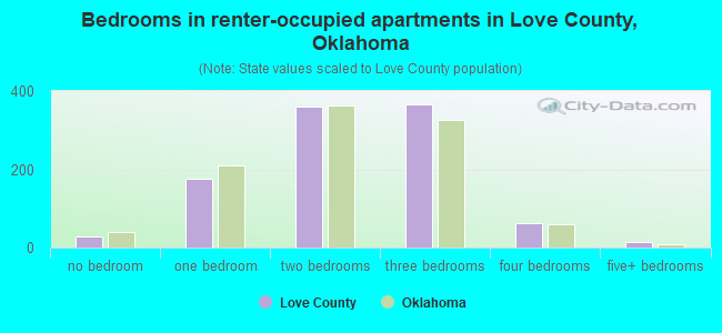 Bedrooms in renter-occupied apartments in Love County, Oklahoma