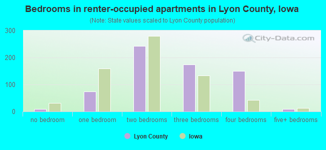 Bedrooms in renter-occupied apartments in Lyon County, Iowa