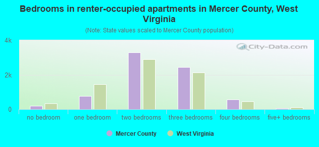 Bedrooms in renter-occupied apartments in Mercer County, West Virginia