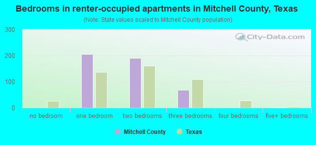 Bedrooms in renter-occupied apartments in Mitchell County, Texas