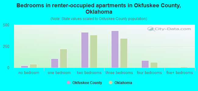 Bedrooms in renter-occupied apartments in Okfuskee County, Oklahoma