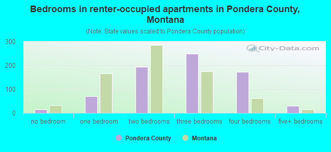 Bedrooms in renter-occupied apartments in Pondera County, Montana