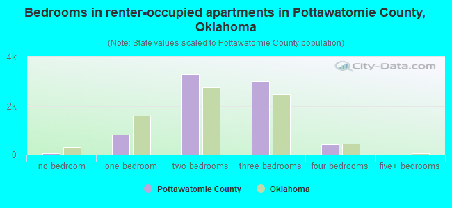 Bedrooms in renter-occupied apartments in Pottawatomie County, Oklahoma